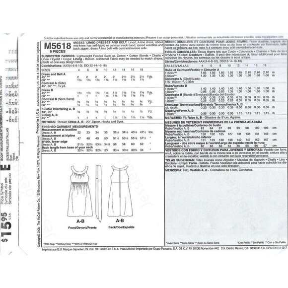 McCall's Sewing Pattern 5618 Lined Dresses Belt Misses Size 12-18 - Picture 2 of 3